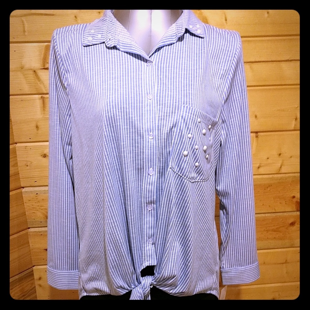 Signature Studio 1X Blue White Stripe Blouse